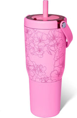 BrüMate Resa 35oz 100% Leakproof Tumbler w/Handle & Straw | Flexible SoftSip Straw | Silicone Sleeve for Durability | Stainless Steel | Cup Holder & Travel Friendly Water Bottle (Cherry Blossom)