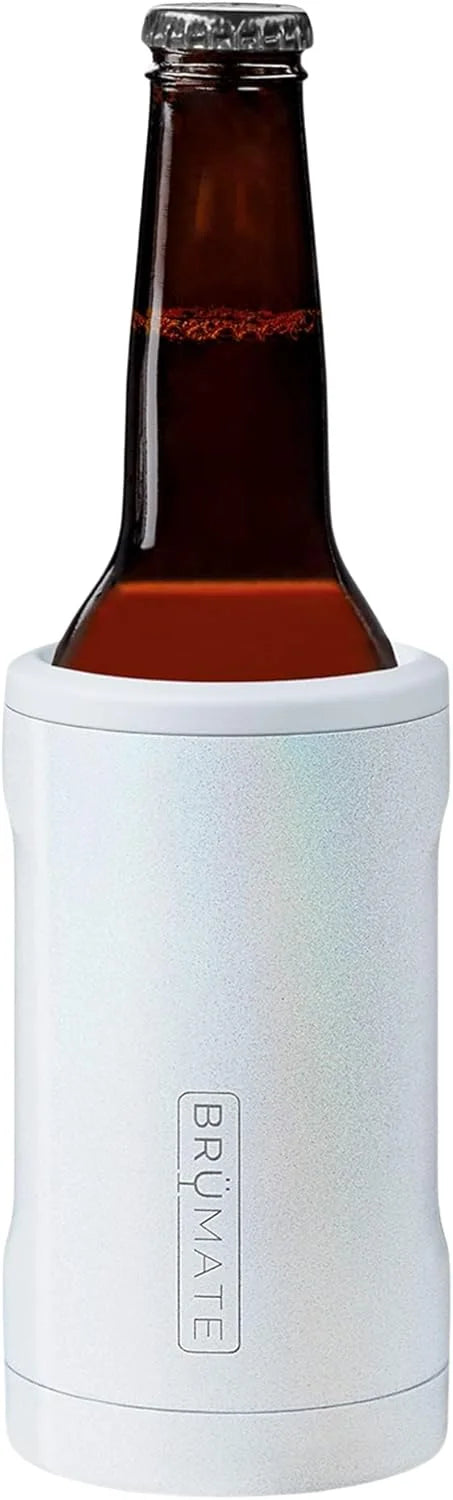 BrüMate Hopsulator Bott'l Insulated Bottle Cooler for Standard 12oz Glass Bottles | Glass Bottle Insulated Stainless Steel Drink Holder for Beer and Soda (Glitter White)