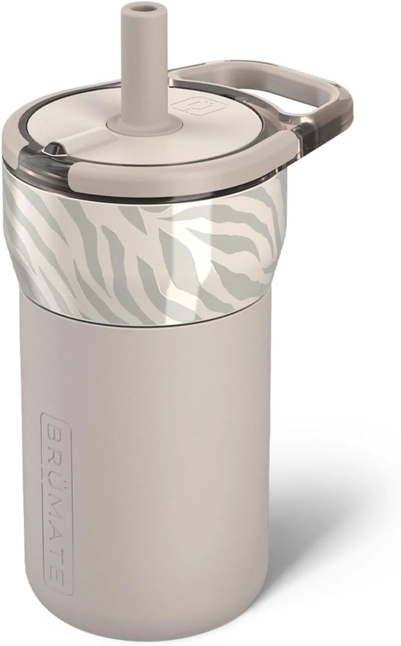 BrüMate Leap 12oz 100% Leakproof Kids Tumbler with Handle and Silicone Soft Straw | Drop Resistant Silicone Sleeve | For Kids 4+ | Insulated Stainless Steel | Cup Holder Friendly | 12oz (Zebra)